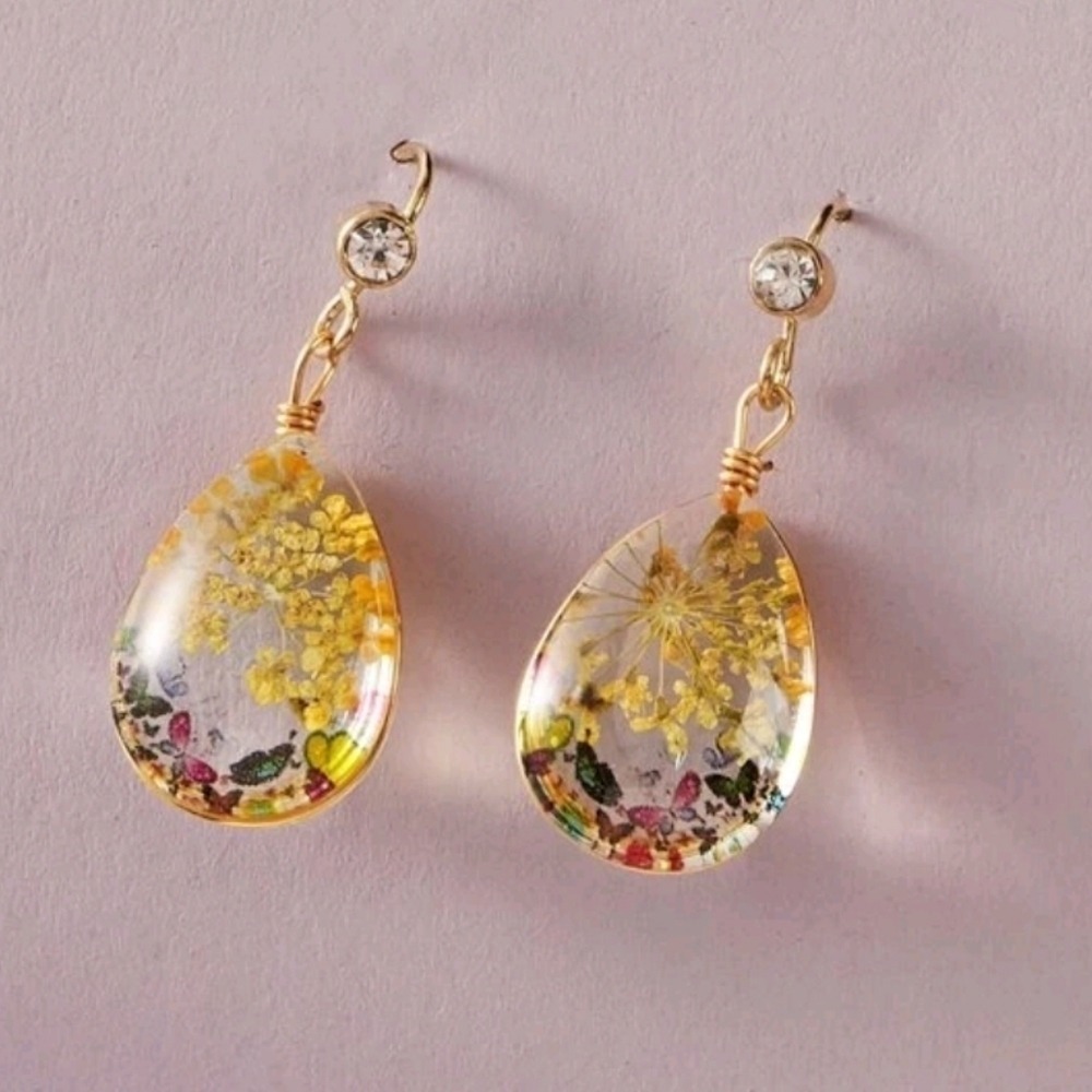 Gold flower earrings Statement Boho Pressed cottagecore teardrop glass 💖2/$30